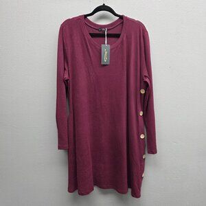 Ofeefan Tunic Dress Womens 2XL Burgundy Long Sleeve Button Side Pockets Casual